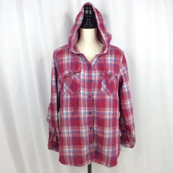 Boston Traders Hoodie Button Down Top Womens XL Plaid Roll Tab Sleeves DAMAGE - Picture 3 of 13